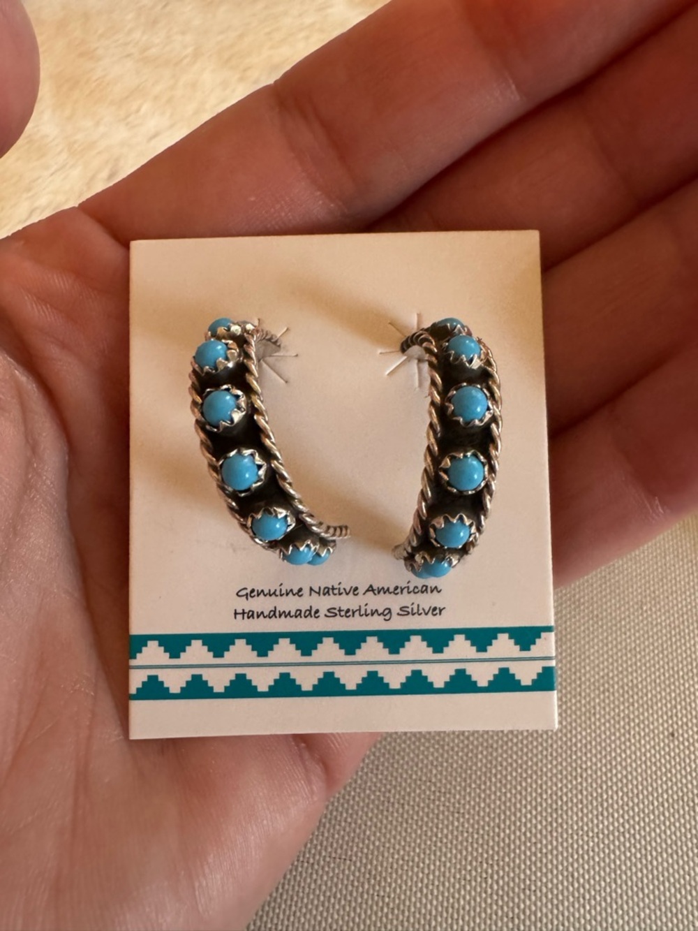 Native American Sterling Silver Hoop Earrings with Turquoise Stones